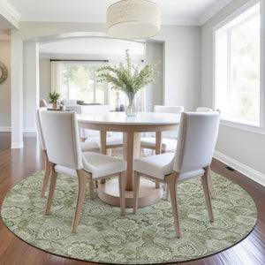 HomeRoots 5' Timeless Floral Area Rug in Artichoke and Fern Green - Durable, Washable for Indoor & Outdoor Use 8' Round 626584