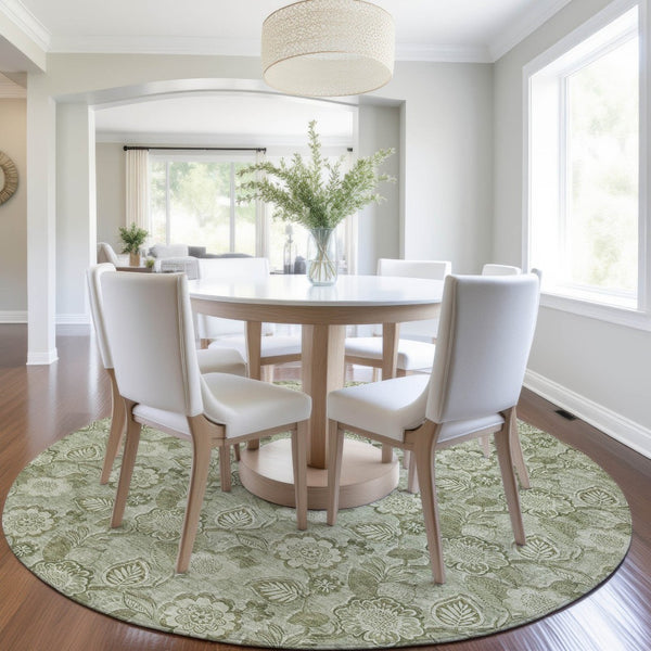 HomeRoots 5' Timeless Floral Area Rug in Artichoke and Fern Green - Durable, Washable for Indoor & Outdoor Use 8' Round 626584