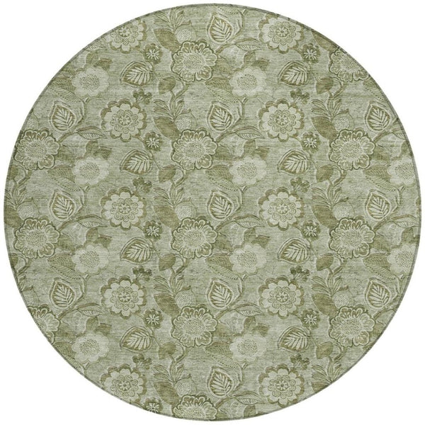 HomeRoots 5' Timeless Floral Area Rug in Artichoke and Fern Green - Durable, Washable for Indoor & Outdoor Use 8' Round 626584