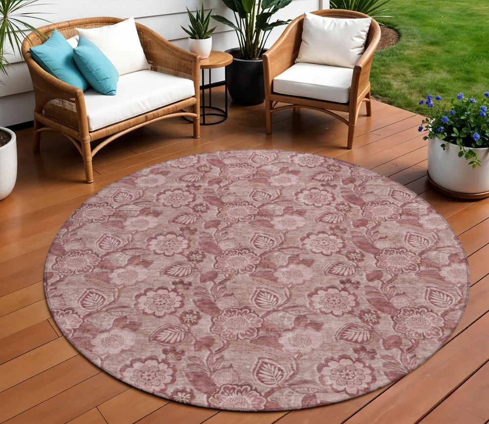 HomeRoots 5' Floral Washable Area Rug - Blush & Pink Design for Indoor/Outdoor Use, Durable & Stain-Resistant 8' Round 626596