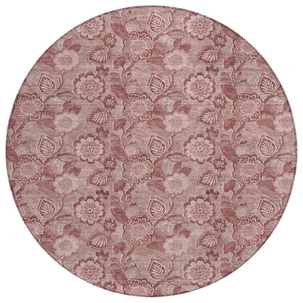 HomeRoots 5' Floral Washable Area Rug - Blush & Pink Design for Indoor/Outdoor Use, Durable & Stain-Resistant 8' Round 626596