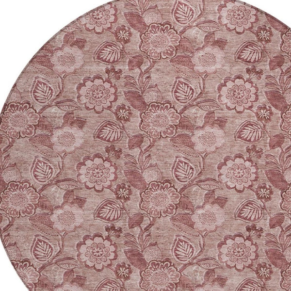 HomeRoots 5' Floral Washable Area Rug - Blush & Pink Design for Indoor/Outdoor Use, Durable & Stain-Resistant 8' Round 626596