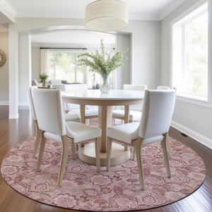 HomeRoots 5' Floral Washable Area Rug - Blush & Pink Design for Indoor/Outdoor Use, Durable & Stain-Resistant 8' Round 626596