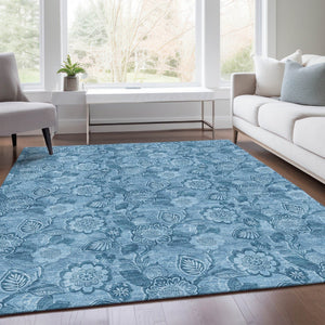 HomeRoots 5' Durable Blue Floral Washable Area Rug for Indoor and Outdoor Spaces, Stain-Resistant Design 5' X 8' 626607