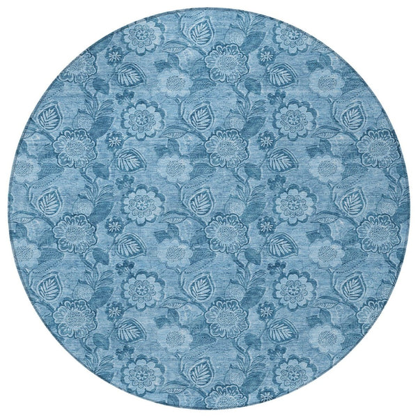 HomeRoots 5' Durable Blue Floral Washable Area Rug for Indoor and Outdoor Spaces, Stain-Resistant Design 8' Round 626608