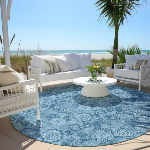 HomeRoots 5' Durable Blue Floral Washable Area Rug for Indoor and Outdoor Spaces, Stain-Resistant Design 8' Round 626608