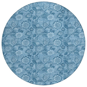 HomeRoots 5' Durable Blue Floral Washable Area Rug for Indoor and Outdoor Spaces, Stain-Resistant Design 8' Round 626608