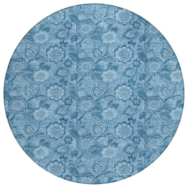 HomeRoots 5' Durable Blue Floral Washable Area Rug for Indoor and Outdoor Spaces, Stain-Resistant Design 8' Round 626608