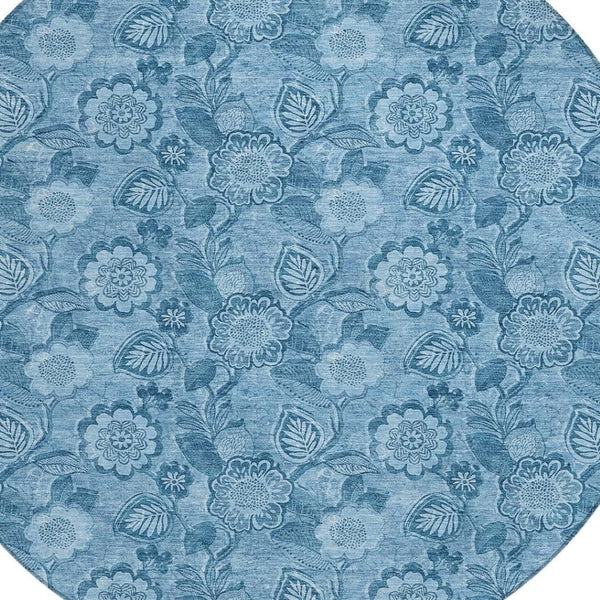 HomeRoots 5' Durable Blue Floral Washable Area Rug for Indoor and Outdoor Spaces, Stain-Resistant Design 8' Round 626608