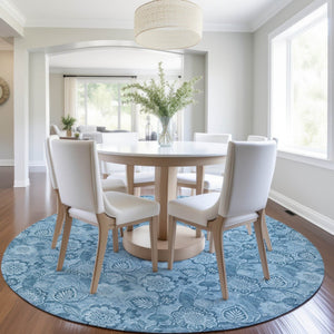 HomeRoots 5' Durable Blue Floral Washable Area Rug for Indoor and Outdoor Spaces, Stain-Resistant Design 8' Round 626608