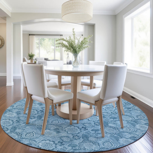 HomeRoots 5' Durable Blue Floral Washable Area Rug for Indoor and Outdoor Spaces, Stain-Resistant Design 8' Round 626608
