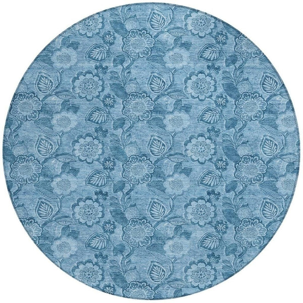 HomeRoots 5' Durable Blue Floral Washable Area Rug for Indoor and Outdoor Spaces, Stain-Resistant Design 8' Round 626608