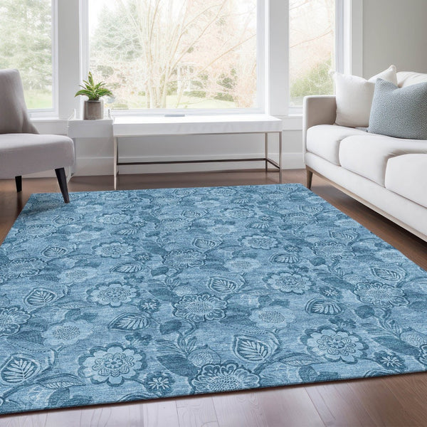HomeRoots 5' Durable Blue Floral Washable Area Rug for Indoor and Outdoor Spaces, Stain-Resistant Design 8' X 10' 626609