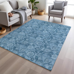 HomeRoots 5' Durable Blue Floral Washable Area Rug for Indoor and Outdoor Spaces, Stain-Resistant Design 10' X 14' 626611
