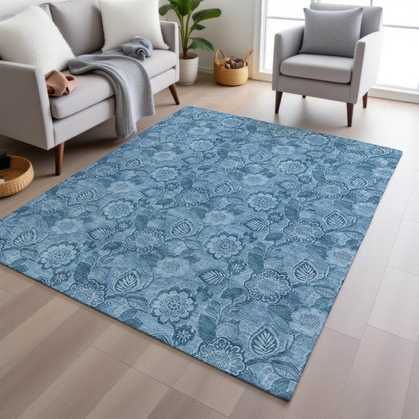 HomeRoots 5' Durable Blue Floral Washable Area Rug for Indoor and Outdoor Spaces, Stain-Resistant Design 10' X 14' 626611