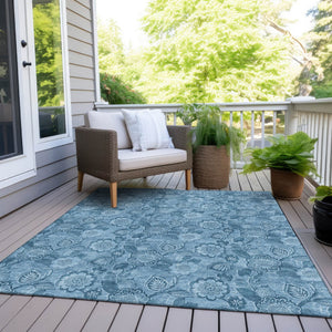 HomeRoots 5' Durable Blue Floral Washable Area Rug for Indoor and Outdoor Spaces, Stain-Resistant Design 10' X 14' 626611