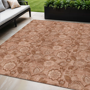 HomeRoots 5' Terra Cotta and Copper Floral Area Rug - Washable, Durable Design for Indoor and Outdoor Use 5' X 8' 626637
