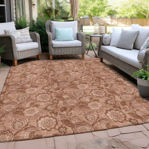 HomeRoots 5' Terra Cotta and Copper Floral Area Rug - Washable, Durable Design for Indoor and Outdoor Use 5' X 8' 626637