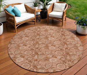 HomeRoots 5' Terra Cotta and Copper Floral Area Rug - Washable, Durable Design for Indoor and Outdoor Use 8' Round 626638