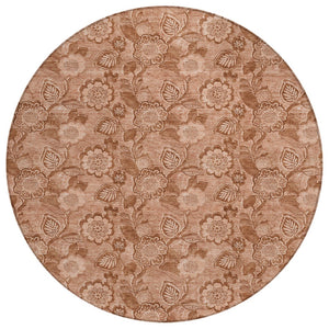 HomeRoots 5' Terra Cotta and Copper Floral Area Rug - Washable, Durable Design for Indoor and Outdoor Use 8' Round 626638