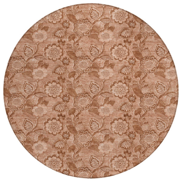 HomeRoots 5' Terra Cotta and Copper Floral Area Rug - Washable, Durable Design for Indoor and Outdoor Use 8' Round 626638