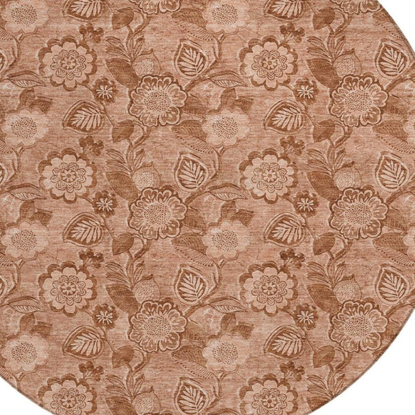 HomeRoots 5' Terra Cotta and Copper Floral Area Rug - Washable, Durable Design for Indoor and Outdoor Use 8' Round 626638
