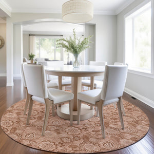 HomeRoots 5' Terra Cotta and Copper Floral Area Rug - Washable, Durable Design for Indoor and Outdoor Use 8' Round 626638