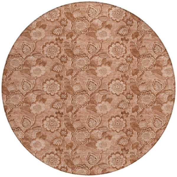 HomeRoots 5' Terra Cotta and Copper Floral Area Rug - Washable, Durable Design for Indoor and Outdoor Use 8' Round 626638