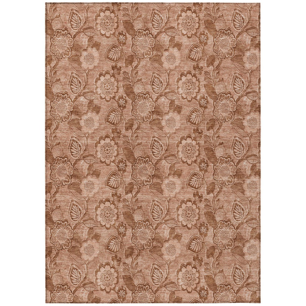 HomeRoots 5' Terra Cotta and Copper Floral Area Rug - Washable, Durable Design for Indoor and Outdoor Use 9' X 12' 626640