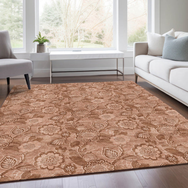 HomeRoots 5' Terra Cotta and Copper Floral Area Rug - Washable, Durable Design for Indoor and Outdoor Use 9' X 12' 626640
