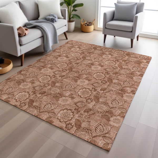 HomeRoots 5' Terra Cotta and Copper Floral Area Rug - Washable, Durable Design for Indoor and Outdoor Use 10' X 14' 626641