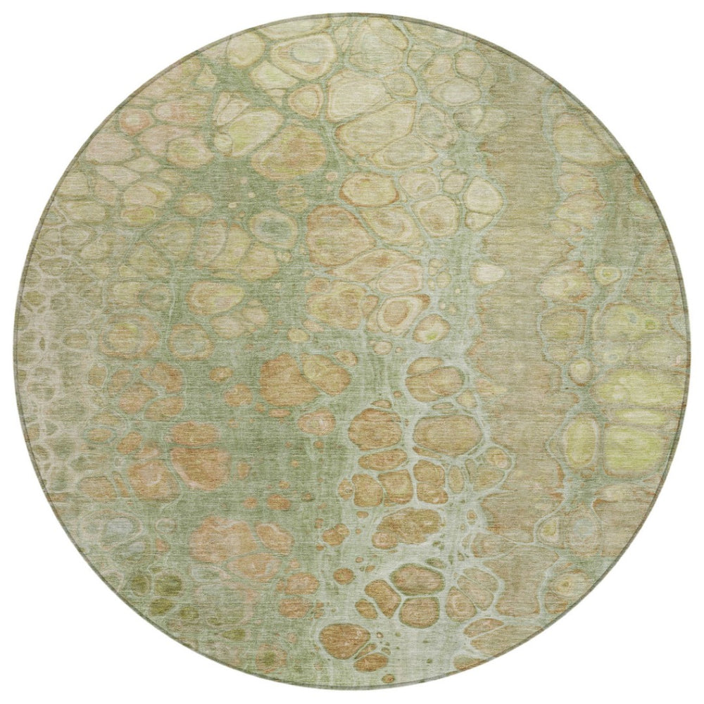 HomeRoots 5' Artichoke Green and Beige Abstract Area Rug – Stylish Washable Design for Indoor and Outdoor Use 8' Round 626644