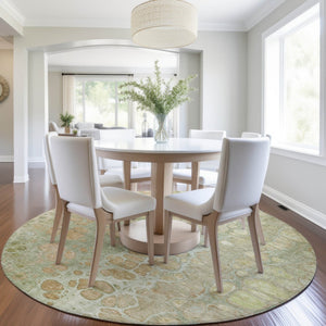 HomeRoots 5' Artichoke Green and Beige Abstract Area Rug – Stylish Washable Design for Indoor and Outdoor Use 8' Round 626644