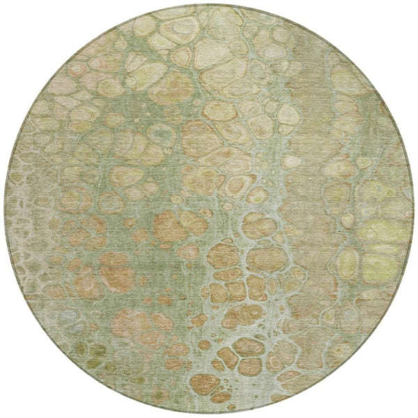 HomeRoots 5' Artichoke Green and Beige Abstract Area Rug – Stylish Washable Design for Indoor and Outdoor Use 8' Round 626644