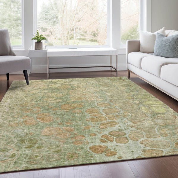 HomeRoots 5' Artichoke Green and Beige Abstract Area Rug – Stylish Washable Design for Indoor and Outdoor Use 8' X 10' 626645