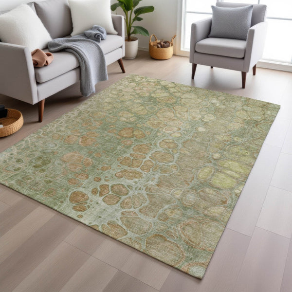 HomeRoots 5' Artichoke Green and Beige Abstract Area Rug – Stylish Washable Design for Indoor and Outdoor Use 10' X 14' 626647