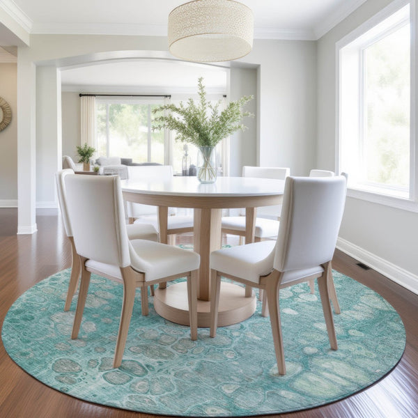 HomeRoots 5' Aqua and Silver Abstract Area Rug - Modern Design for Indoor and Outdoor Spaces, Easy Care & Durable 8' Round 626650