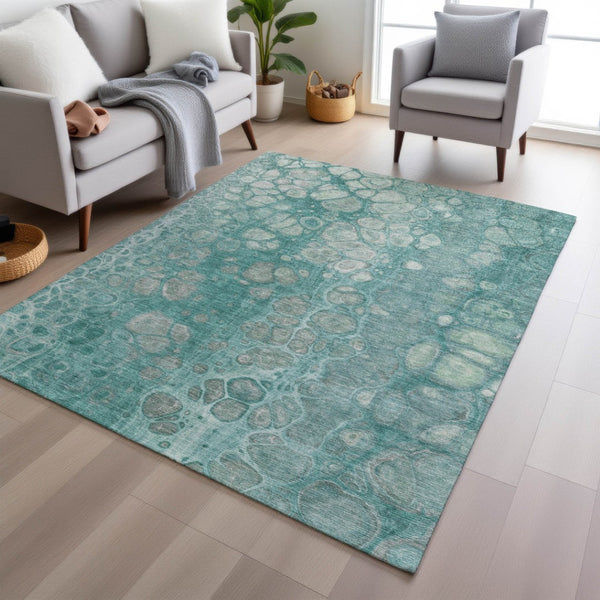 HomeRoots 5' Aqua and Silver Abstract Area Rug - Modern Design for Indoor and Outdoor Spaces, Easy Care & Durable 9' X 12' 626652
