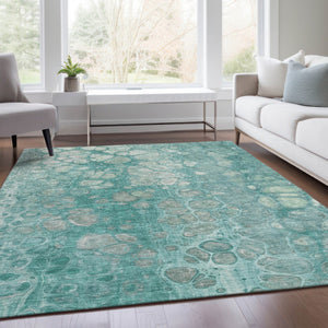 HomeRoots 5' Aqua and Silver Abstract Area Rug - Modern Design for Indoor and Outdoor Spaces, Easy Care & Durable 10' X 14' 626653