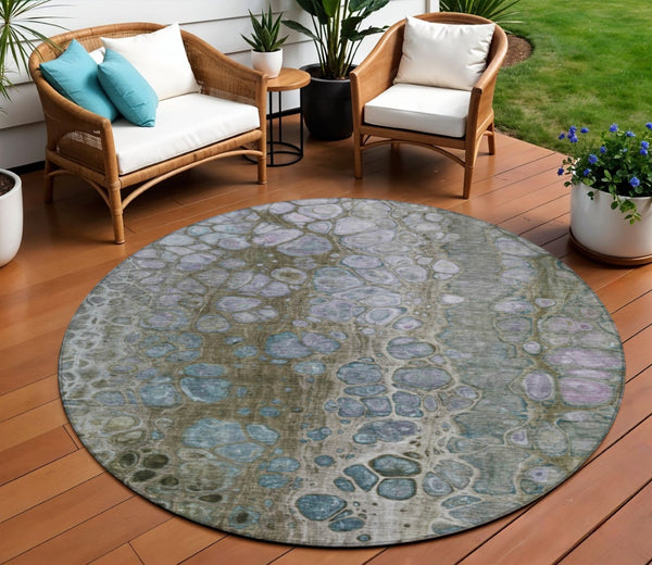 HomeRoots 5' Brown and Gray Abstract Washable Area Rug - Durable, Stylish, Perfect for Indoor and Outdoor Spaces 8' Round 626656
