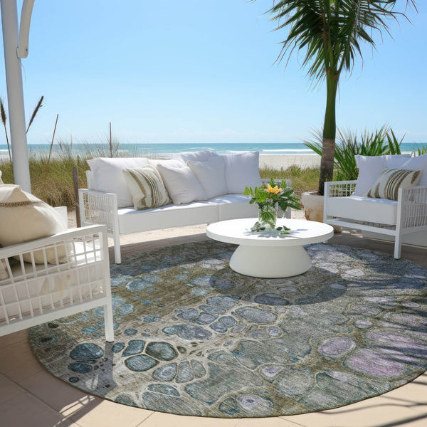 HomeRoots 5' Brown and Gray Abstract Washable Area Rug - Durable, Stylish, Perfect for Indoor and Outdoor Spaces 8' Round 626656