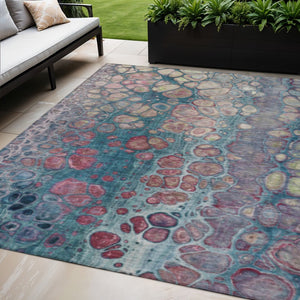 HomeRoots 5' Stylish Teal Blue and Plum Abstract Area Rug for Indoor and Outdoor Use - Durable & Washable Design 5' X 8' 626661
