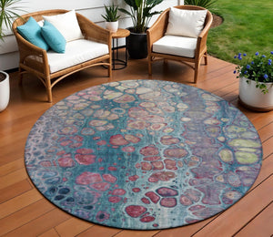 HomeRoots 5' Stylish Teal Blue and Plum Abstract Area Rug for Indoor and Outdoor Use - Durable & Washable Design 8' Round 626662