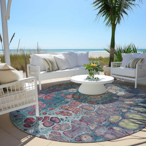HomeRoots 5' Stylish Teal Blue and Plum Abstract Area Rug for Indoor and Outdoor Use - Durable & Washable Design 8' Round 626662
