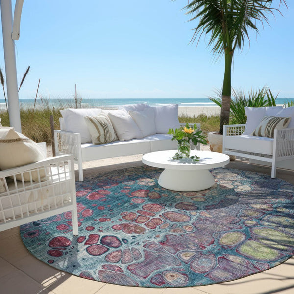 HomeRoots 5' Stylish Teal Blue and Plum Abstract Area Rug for Indoor and Outdoor Use - Durable & Washable Design 8' Round 626662