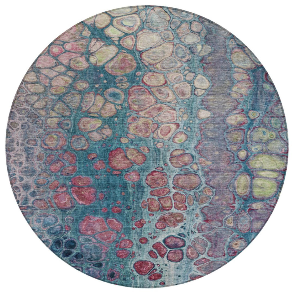 HomeRoots 5' Stylish Teal Blue and Plum Abstract Area Rug for Indoor and Outdoor Use - Durable & Washable Design 8' Round 626662