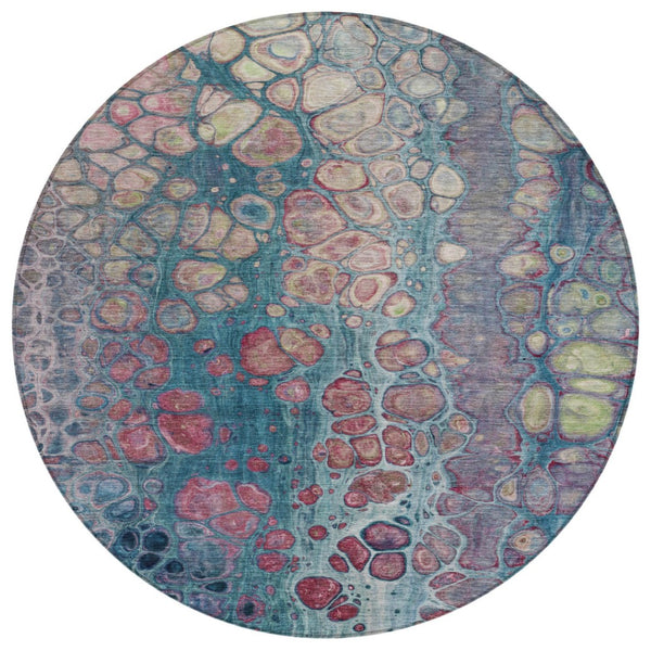 HomeRoots 5' Stylish Teal Blue and Plum Abstract Area Rug for Indoor and Outdoor Use - Durable & Washable Design 8' Round 626662