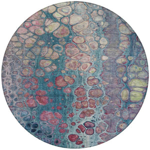 HomeRoots 5' Stylish Teal Blue and Plum Abstract Area Rug for Indoor and Outdoor Use - Durable & Washable Design 8' Round 626662