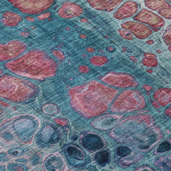 HomeRoots 5' Stylish Teal Blue and Plum Abstract Area Rug for Indoor and Outdoor Use - Durable & Washable Design 8' Round 626662