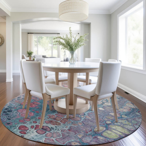 HomeRoots 5' Stylish Teal Blue and Plum Abstract Area Rug for Indoor and Outdoor Use - Durable & Washable Design 8' Round 626662